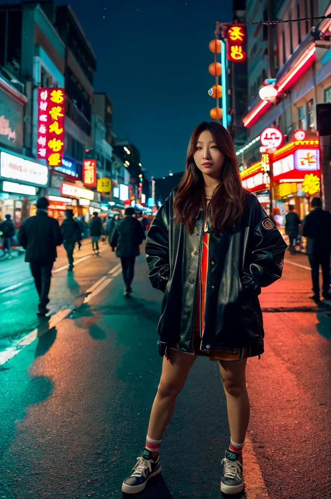 At night on Chinatown Road, Yaowarat, there is an open area. There is a Korean female idol wearing a hip-hop style outfit, standing in a cool pose in the middle of the road. The lights at night are beautiful and realistic. 64K Perspective view from the ground to the top. Colorful lights are lines of movement.