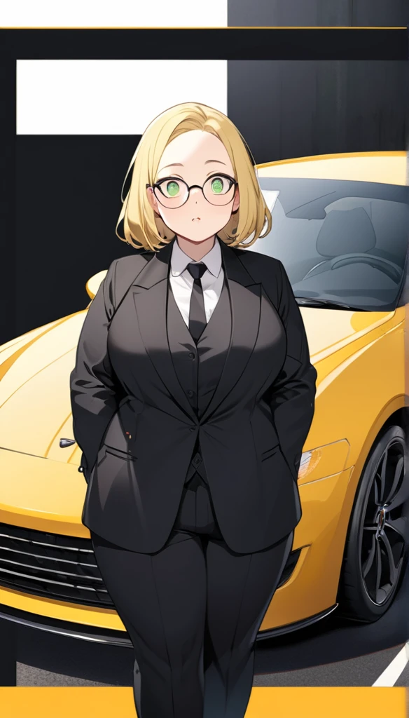 chubby girl, blonde, green eyes, medium-length hair, open forehead, no bangs, glasses in a black square frame, black tuxedo, black suit, standing near the car