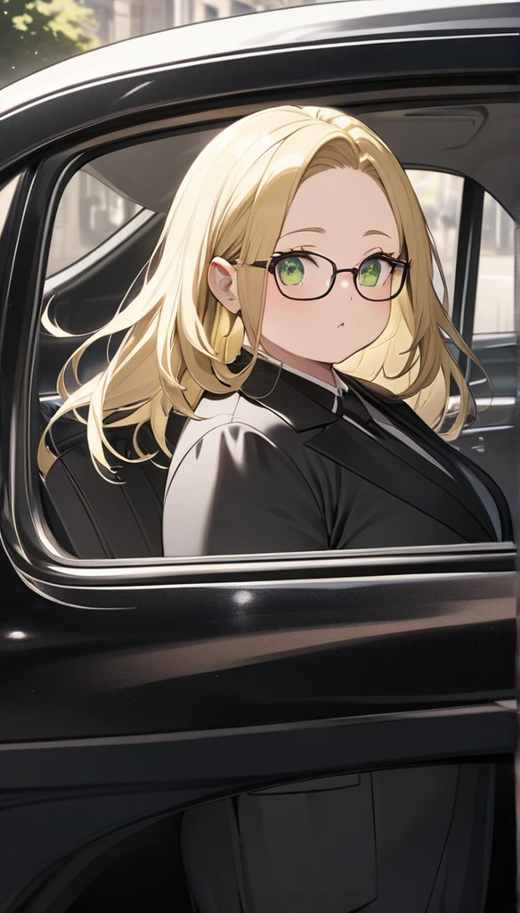 chubby girl, blonde, green eyes, medium-length hair, open forehead, no bangs, glasses in a black square frame, black tuxedo, black suit, standing near the car