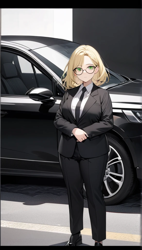 chubby girl, blonde, green eyes, medium-length hair, open forehead, no bangs, glasses in a black square frame, black tuxedo, black suit, standing near the car 