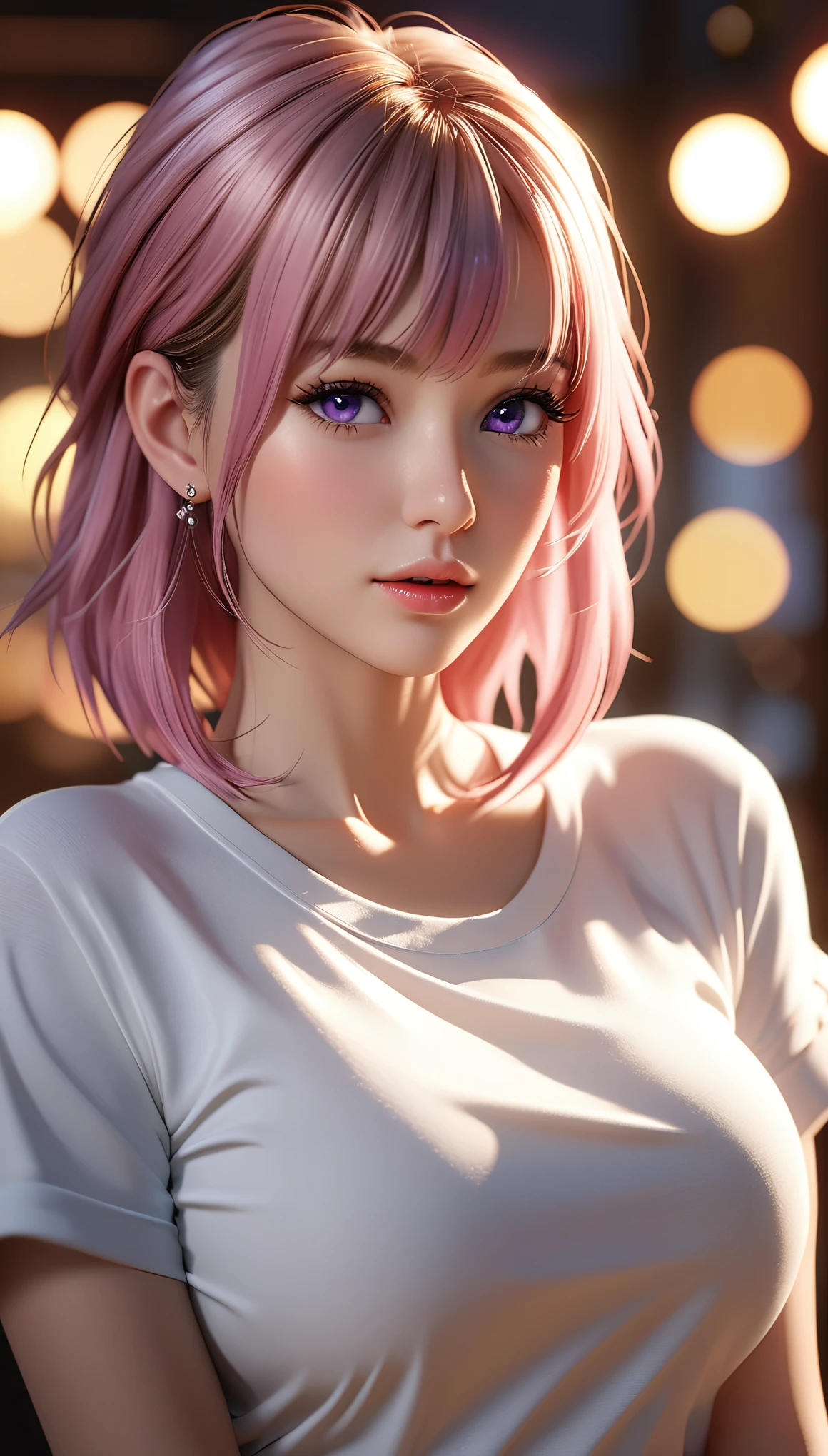best quality, masterpiece, High resolution, portrait, actual, Purple Eyes, Pink hair, Large Breasts, 8K resolution, high qualityCG, Beautiful CG, Soft Light, fashion brand image, Fashionable and casual, The Tyndall effect, lifelike, studio, Side lighting, (HD Skin:1.2), 8K超高清, sex, high quality, Volumetric lighting, confess, photography, 超High resolution, 8K, Bokeh, Shallow depth of field