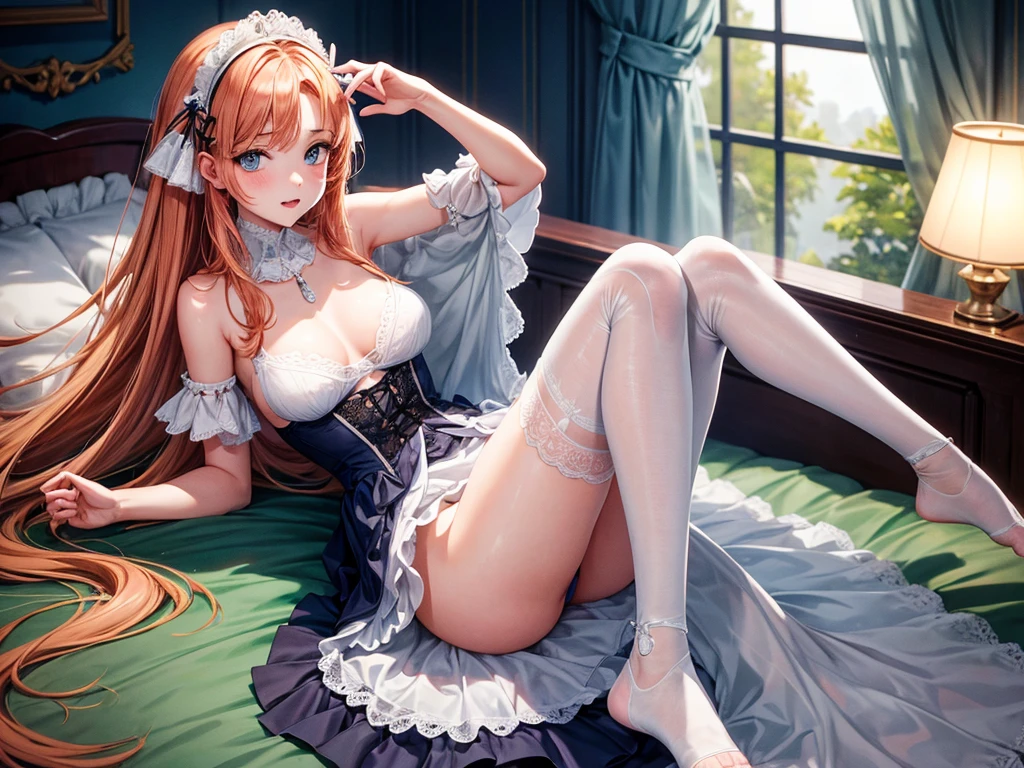 jeune fille en jolie culotte en dentelle , elle est rousse, elle a les cheveux long avec plusieurs tresses, avec les yeux vert et quelques tache de rousseur sur les paumettes, elle est très fine, sa poitrine est très fine, elle a de jolies hanches et les épaules nues, elle pose de manière sur d'elle, le dos bien cambré, elle est allongée sur un lit, dans une jolie chambre de fille bien éclairée.