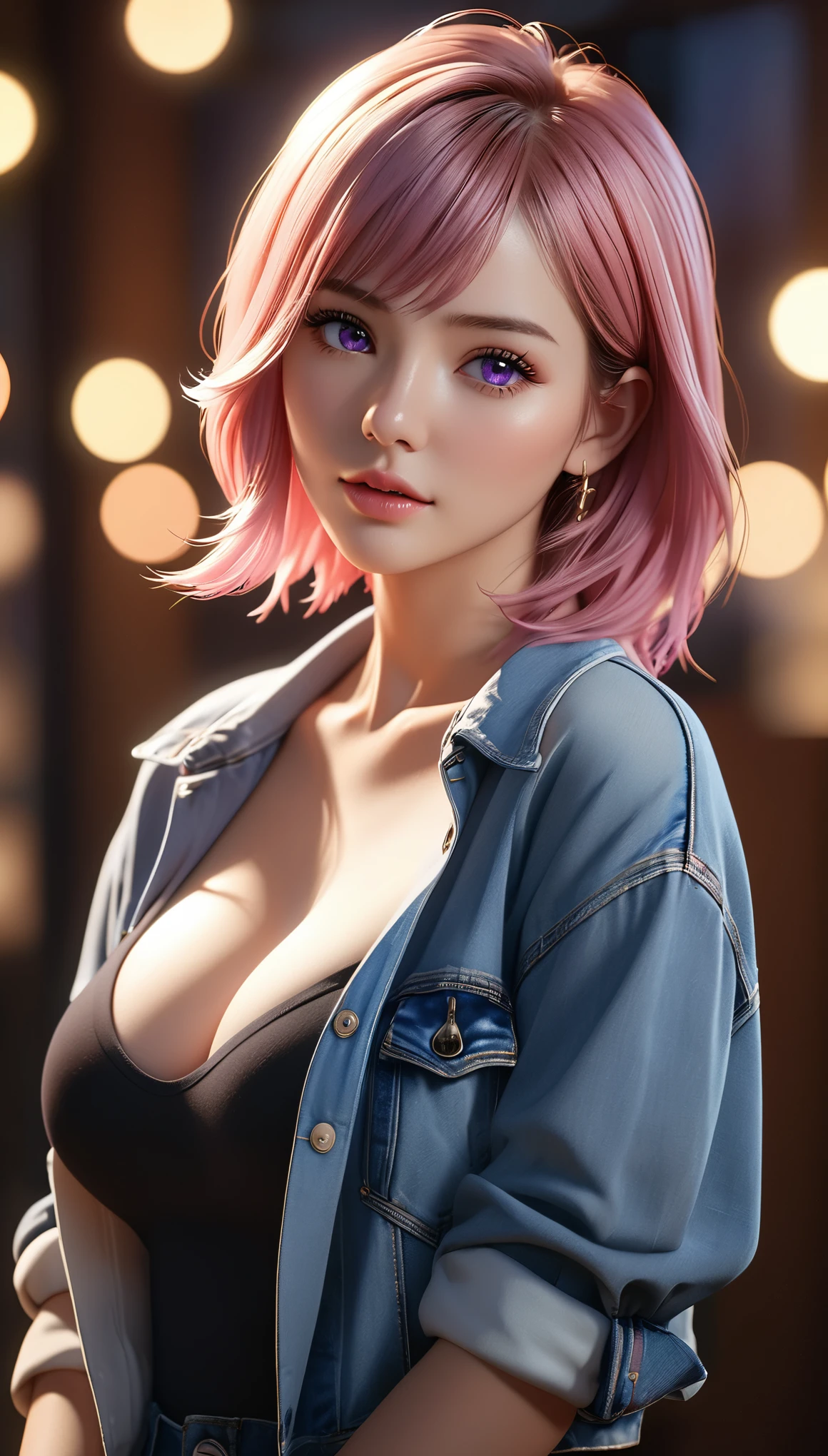 best quality, masterpiece, High resolution, portrait, actual, Purple Eyes, Pink hair, Large Breasts, 8K resolution, high qualityCG, Beautiful CG, Soft Light, fashion brand image, Fashionable and casual, The Tyndall effect, lifelike, studio, Side lighting, (HD Skin:1.2), 8K超高清, sex, high quality, Volumetric lighting, confess, photography, 超High resolution, 8K, Bokeh, Shallow depth of field