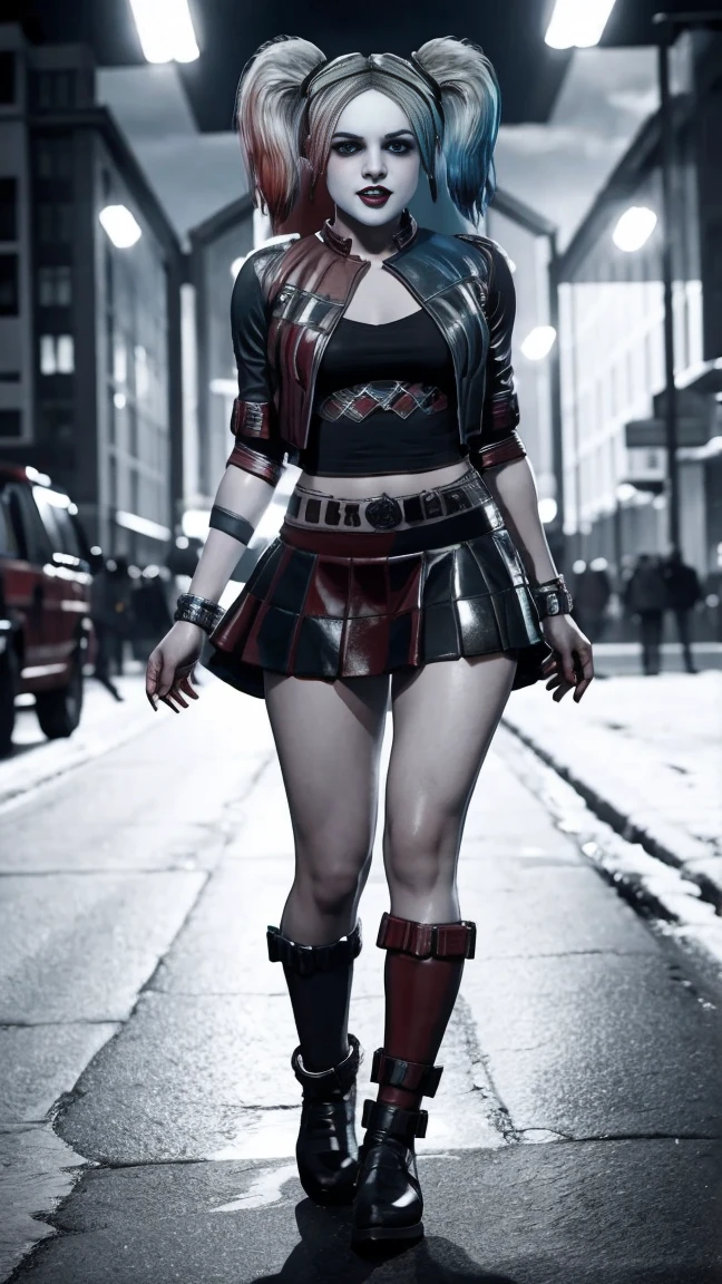 Harley Quinn standing in a short skirt.