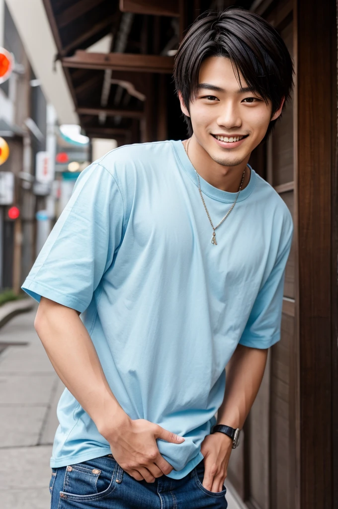 Handsome Japanese boy age 22 wearing casual clothes and smiling