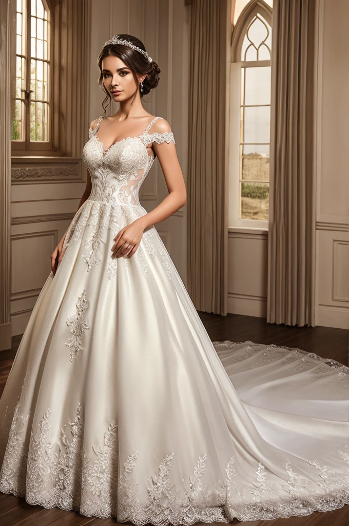 wedding dress of lace with seetheart neckline and ball gown with embroidery or beeads