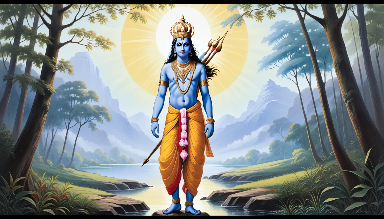 A breathtaking cinematic 16:9 widescreen portrait of Rama, the seventh avatar of Vishnu and the epitome of dharma from the Ramayana epic. Rama stands majestically in the center of the horizontal composition, shown in full-length from head to toe, occupying the middle third of the frame. His entire figure is visible, showcasing his noble posture and divine appearance. He appears as a regal Indian prince with smooth, blue-tinged skin symbolizing his divine nature, and long, black hair styled in a high jata-mukuta (matted hair crown). Rama wears a richly embroidered full-length yellow dhoti with a red silk scarf draped over his shoulders, adorned with intricate gold jewelry including a crown, necklaces, armlets, and anklets. His expression is serene and determined, embodying righteousness and strength. He holds his iconic bow, Kodanda, in his left hand and an arrow in his right, both at waist level. The wide aspect ratio allows for a panoramic view of a lush forest scene with ancient trees and a distant mountain on either side, while keeping Rama's full figure as the clear focal point. Soft, divine light surrounds him, emphasizing his godly aura from head to toe. The image style combines realistic details with the elegant aesthetics of classical Indian paintings, using a harmonious color palette ted by blues, greens, and golds to create a visually stunning composition that captures Rama's full majesty. The scene evokes the period of his exile, blending the beauty of nature with his regal bearing