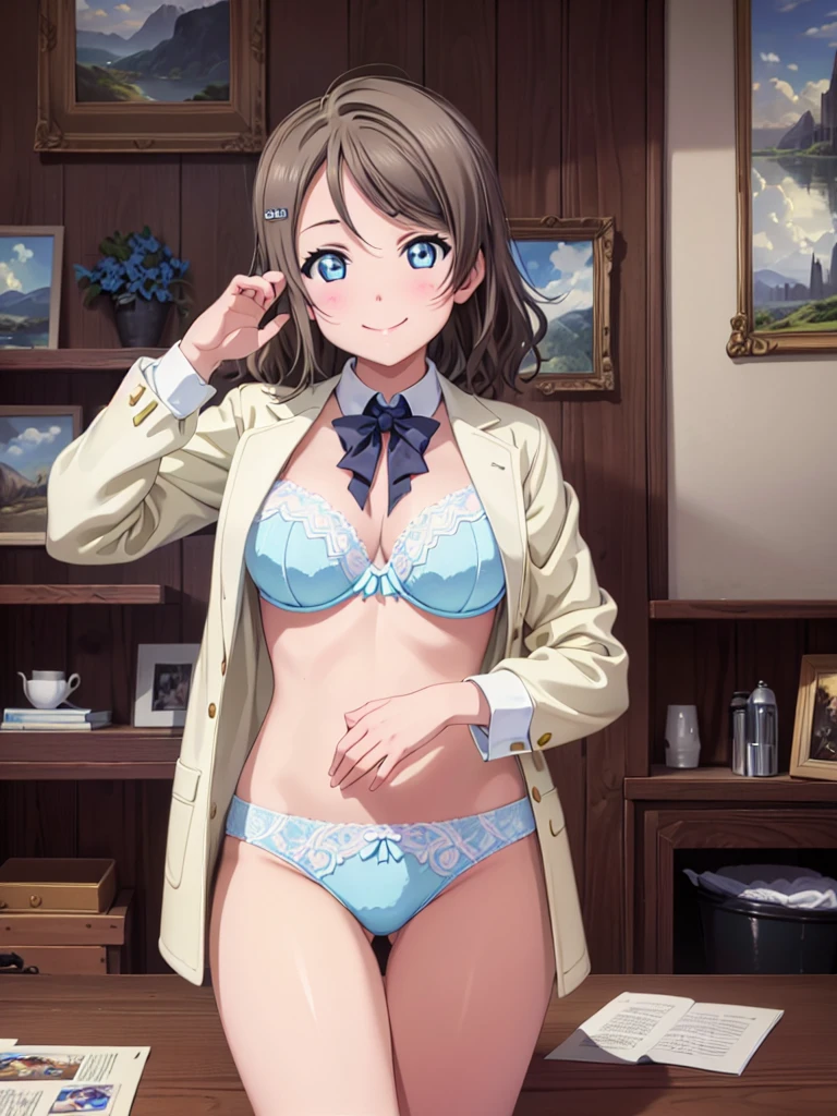 masterpiece, Highest quality, 8k wallpaper, alone, Watanabe Yo, smile, Sexy Lingerie、Underwear only, classroom, bra, Panties Big Breasts