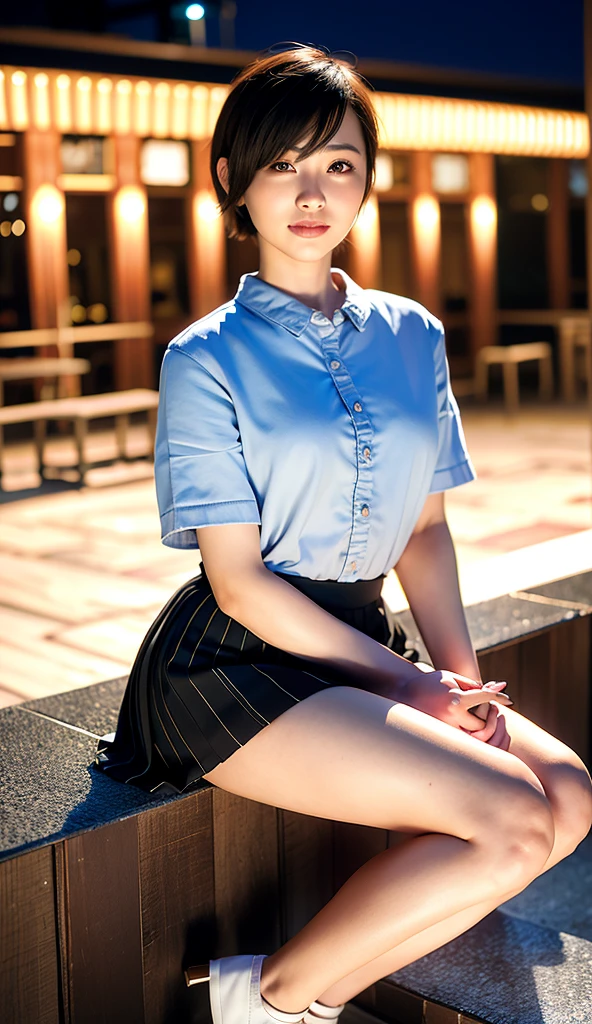((masterpiece)),(((Highest quality))),Thin thighs,Long legs,An 18-year-old high school girl standing on the school steps,White shirt,Blue and white plaid mini skirt:1.5,The best smile,Short bob with side waves:1.5,Carrying a black backpack,wear black loafers,Facing the front and spreading legs:1.5,