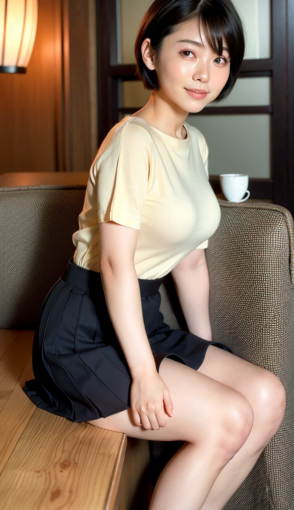 (8k, RAW photo, best quality, masterpiece:1.2), (realistic, photo-realistic:1.37), ultra-detailed,
1 girl, 24 years old,  solo, beautiful detailed sky,detailed cafe,night,sitting,dating,(smile:1.1),large breasts, seductive smile, professional lighting, Sony A7R4, Zessie 50mm F1.8, beautiful detailed eyes, (shirt:1.1), pleated skirt,(short hair:1.2),floating hair,black eyes,