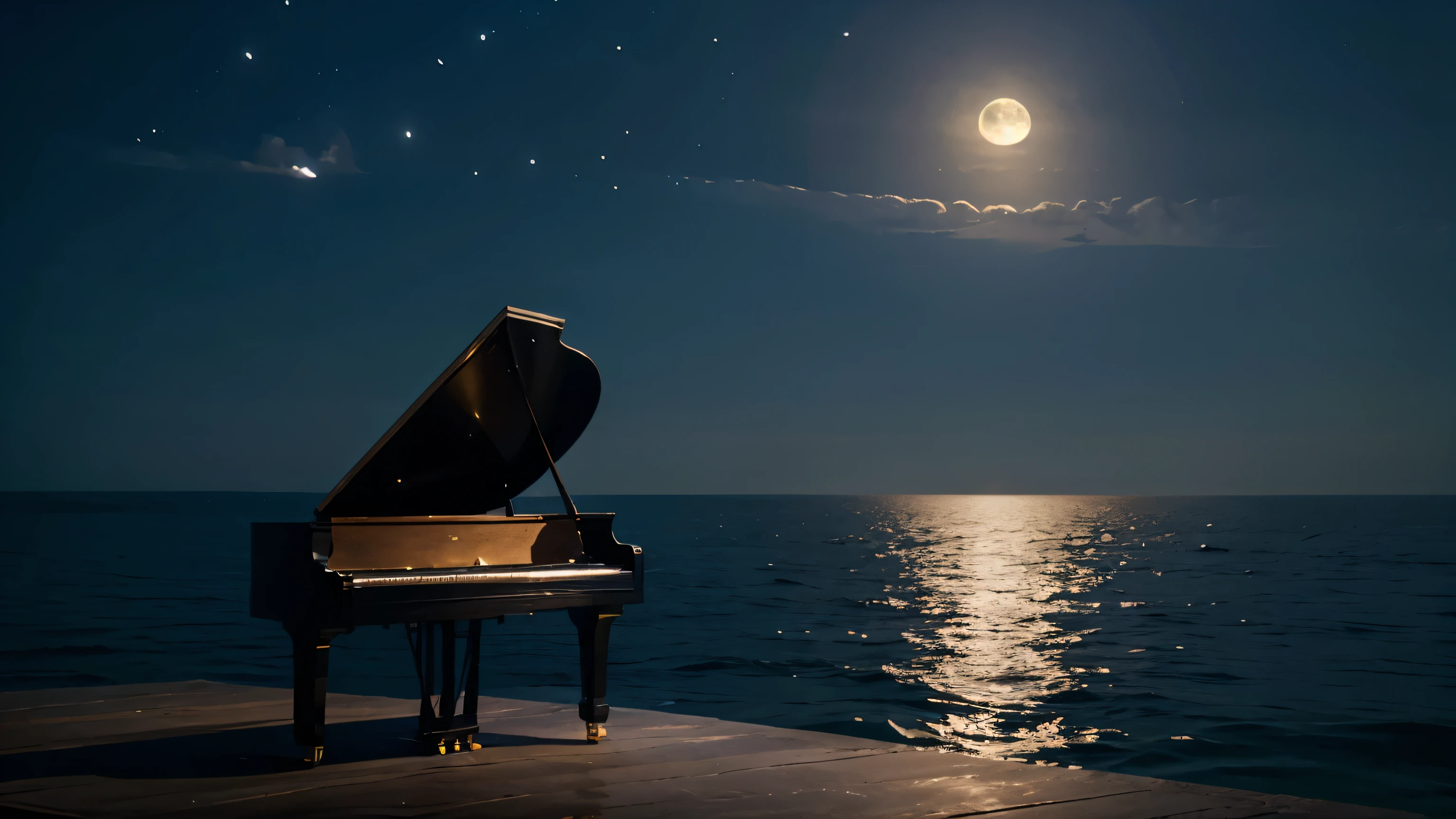 a piano levitating above the calm sea. Full moon in the sky reflecting light on the water