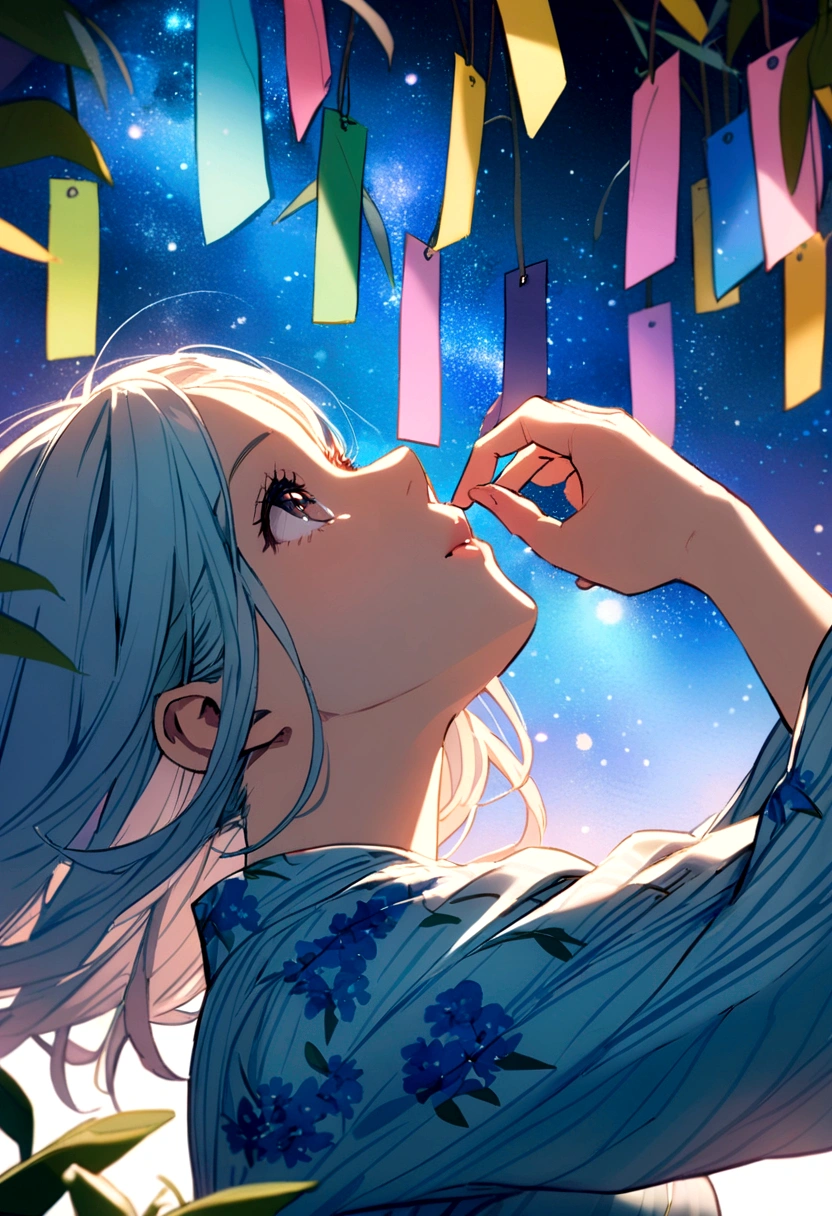 A close-up of a woman wearing a light blue yukata,Looking up at the Milky Way,Tanabata,