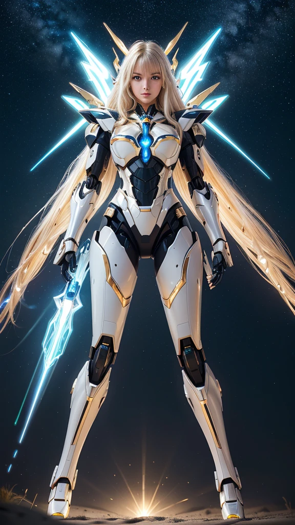 Best quality, masterpiece, awards winning photograph, goddess girl, ((extremely beautiful)), full makeups, white wavy hair, ((realistic)), ((hair blown by the winds)), sharp eyes, looking at viewer, ((slim body)), ((gold and black mecha armor)), ((blue luminous lights mecha)), ((full luminous mecha armor)), ((epic luminous mecha armor details)), android girl, perfect face, ((full body shown)), night at beach, full of stars, aurora borealis, nebula skies, shooting stars, cinematic light, epict lights details, ((symmetrical pose)), from below, model posing in the middle, ((floating off the ground)), not too close to viewer,