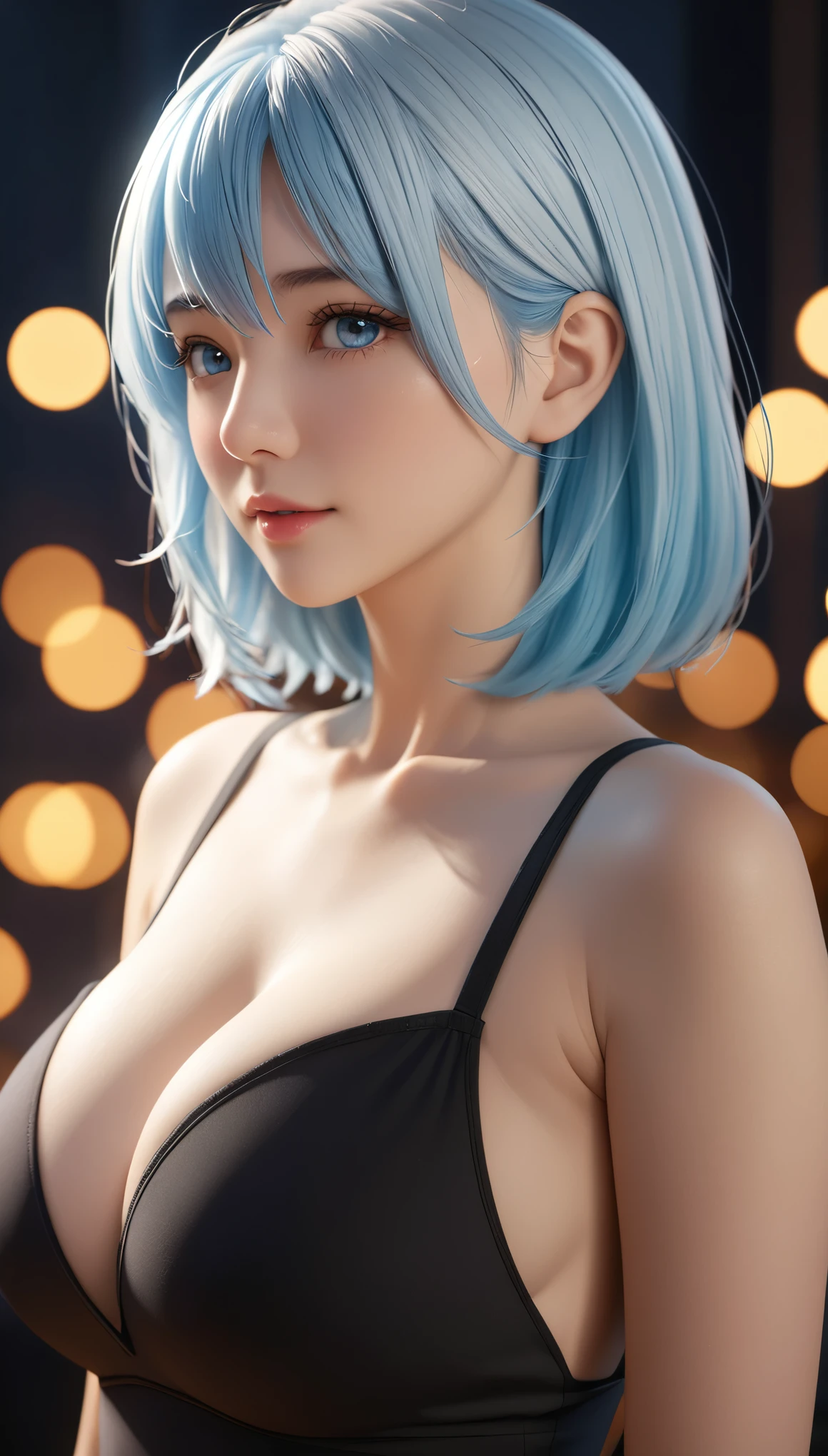 best quality, masterpiece, High resolution, portrait, actual, Deep blue eyes, light blue hair, breast, 8K resolution, high qualityCG, Beautiful CG, Soft Light, The Tyndall effect, lifelike, two-tone lighting, Side lighting, (HD Skin:1.2), 8K超高清, high quality, Volumetric lighting, confess, photography, 超High resolution, 8K, Bokeh, Shallow depth of field