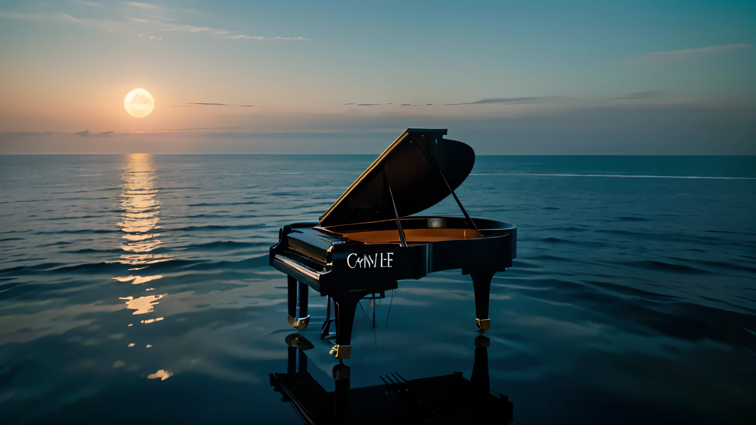 a piano levitating above the calm sea. Full moon in the sky reflecting light on the water