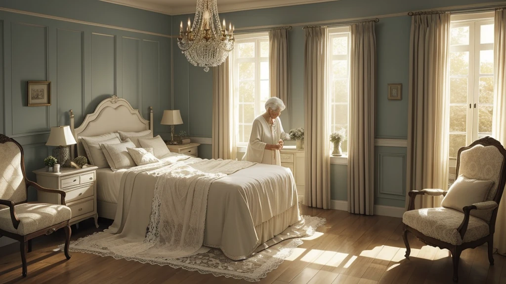 A peaceful bedroom scene where an elderly person peacefully passes away in bed, surrounded by loved ones. Soft sunlight filters through lace curtains, creating a serene atmosphere. A gentle depiction showing a spirit rising from the body, surrounded by angels, suggests a comforting transition guided by divine presence."