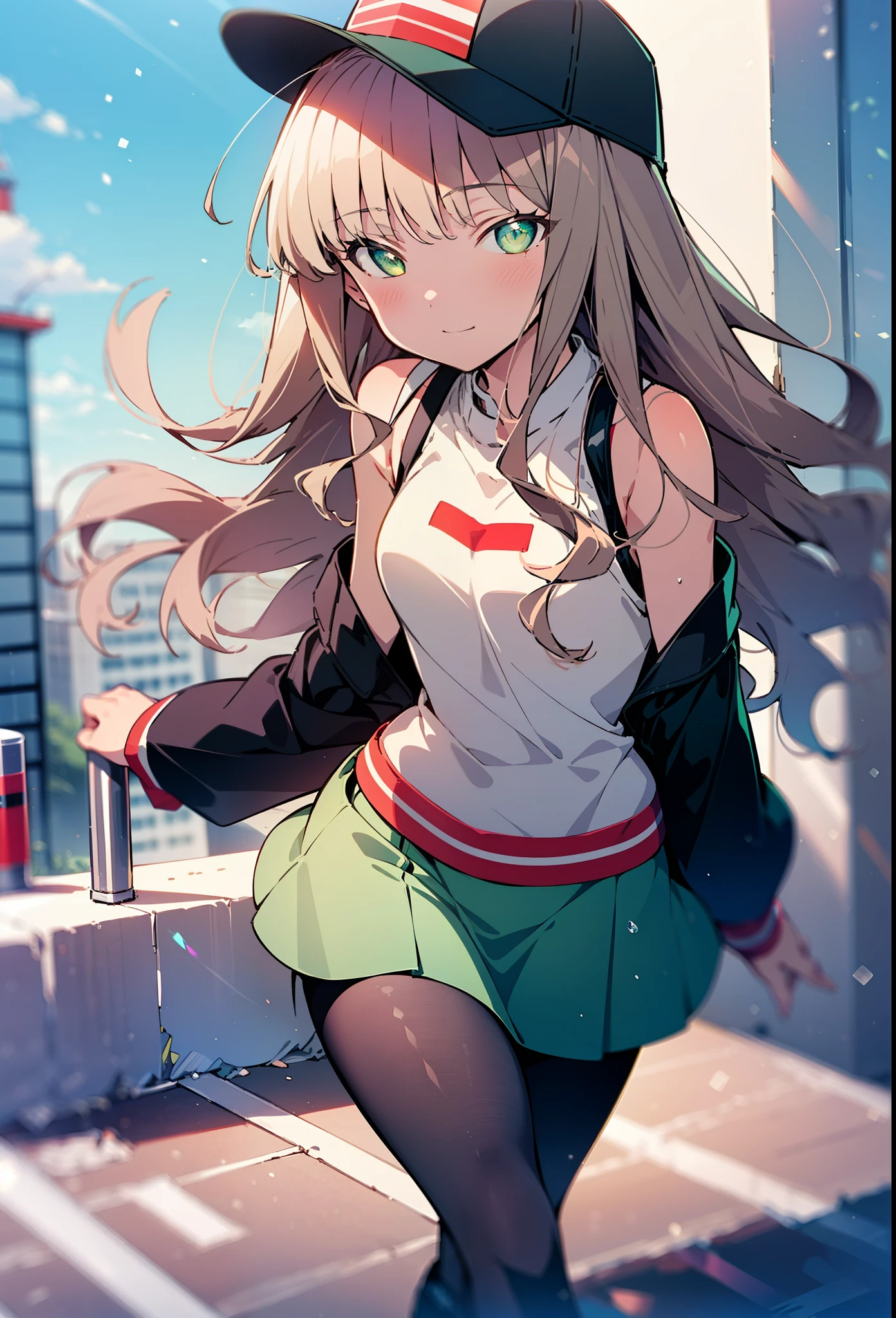 minami yume ,sss Dynazenon ,Long Hair, Brown Hair, (Green Eyes:1.5) ,blush,smile,hair band,Sleeveless shirt,Baseball cap,Long skirt,sneakers,Daytime,Clear skies,Walking,whole bodyがイラストに入るように, break looking at viewer, whole body, break outdoors ,Building district, break (masterpiece:1.2), Highest quality, High resolution, unity 8k wallpaper, (shape:0.8), (Beautiful and beautiful eyes:1.6), Highly detailed face, Perfect lighting, Extremely detailed CG, (Perfect hands, Perfect Anatomy),