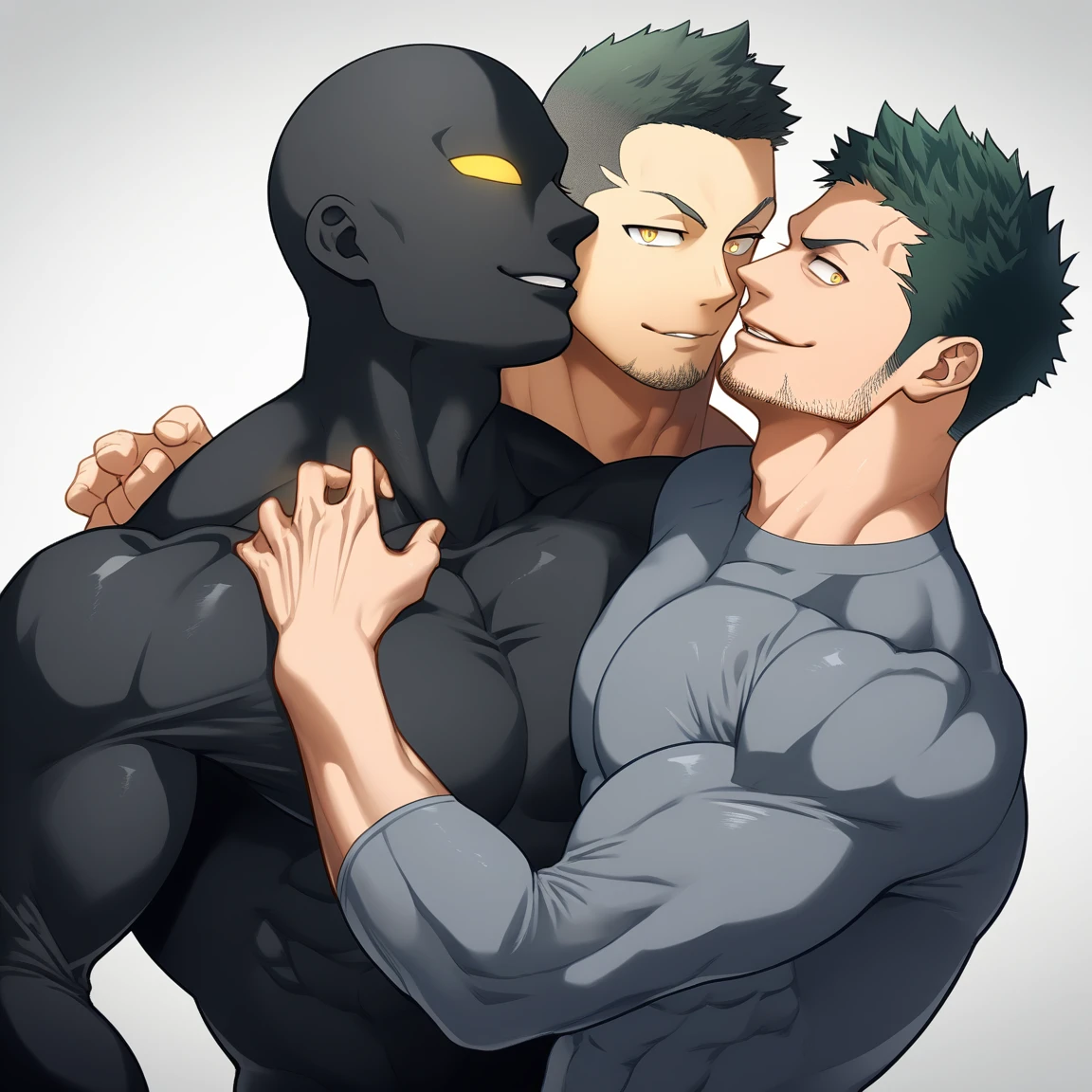 anime characters:Two superheroes in tights, Priapus and Muscle No Face skinhead superhero, No Face,negro black skin, They hugged and kissed each other, Bite your neck, Caress, Manliness, male focus, Yellow and black high collar long sleeve tight T-shirt, Slightly transparent material, Very tight, Round, full and perky chest muscles, Muscle waist, Slightly transparent, muscular male, muscular, only, Upper body, alone, Black short hair, Thick eyebrows, stubble, Yellow eyes, Grey background, simple background, amazing quality, best aesthetics, Ridiculous, bright pupils, crew cut, parted lips, seductive smile, torogao, naughty face, drop shadow, best quality