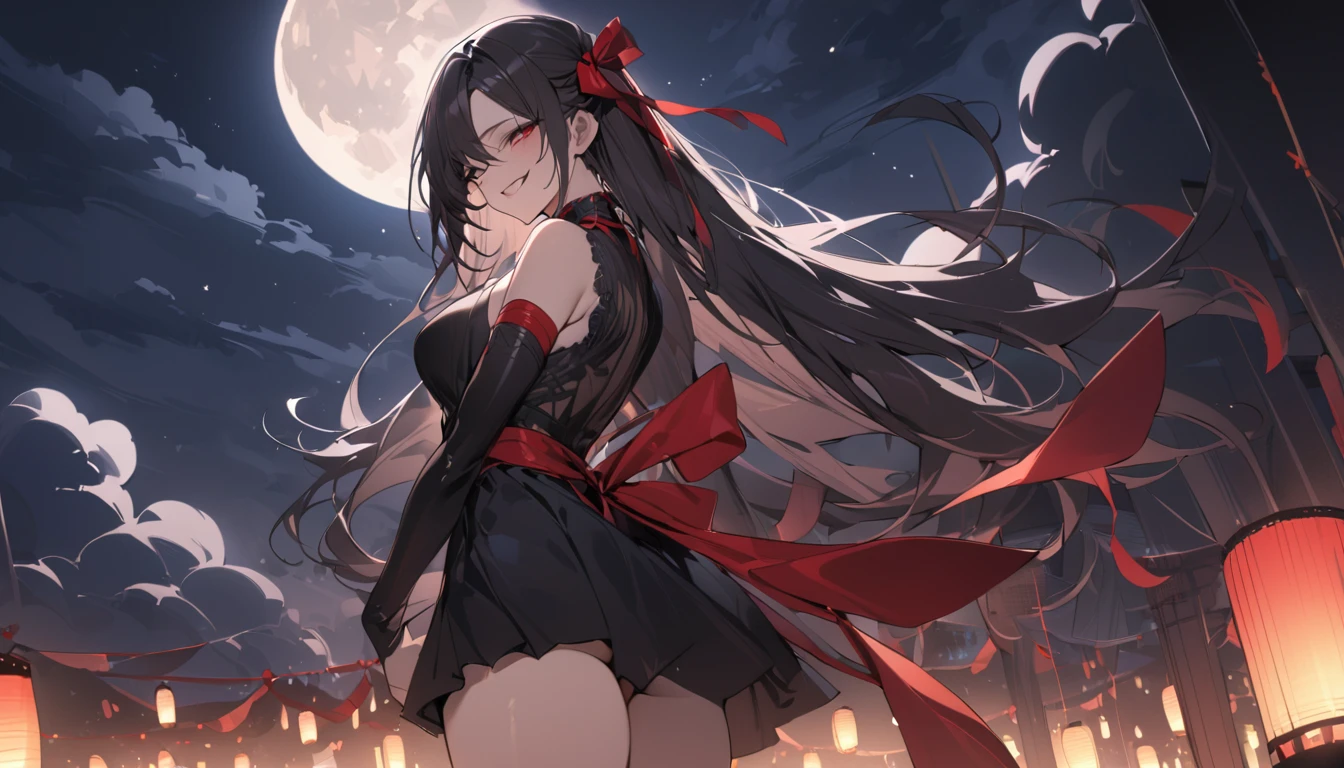 masterpiece, Highest quality, detailed, One girl, alone, night sky, Outdoor, full moon, performer, cloud, night,,  Dark Sakura, (Black Dress), Long Hair, Wicked Smile, Red ribbon, Striped, Thighs