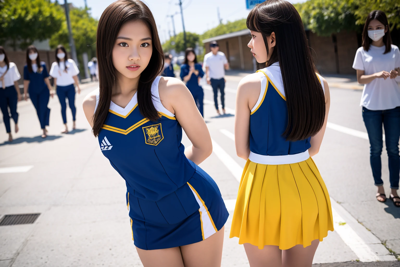 (8x_NMKD-Superscale_150000_G, 8k, best quality, high resolution, masterpiece), (((arms behind back))), ((5 girl, 18 years old)), (Cheergirls), Collected in prison, CHEERLEADERS held in custody,