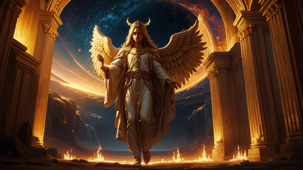 "A celestial landscape with angels hovering above golden gates, inviting souls to enter. A serene depiction shows heaven as a place of eternal joy and divine presence, contrasted with the biblical description of hell as a fiery abyss where the wicked face eternal separation from God."