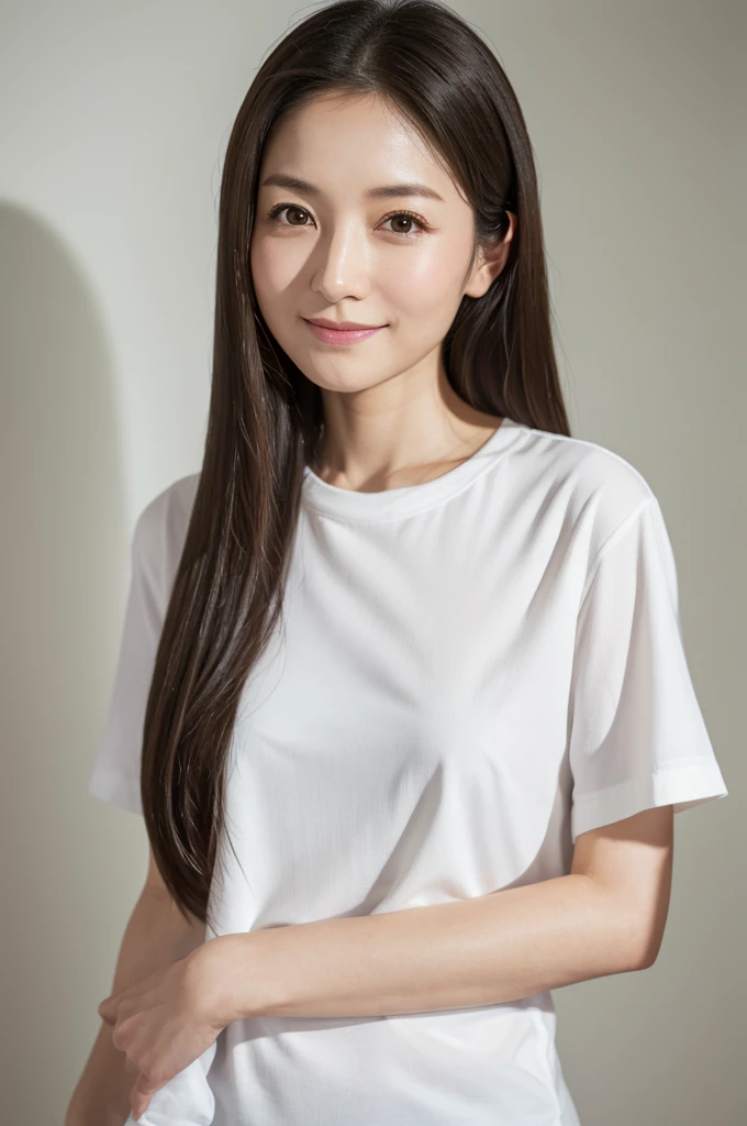 Japanese women, 40s, White background, simple背景,Long Hair、White-brown hair, Slender, 4K, 8K, High quality, Beauty products, EyesBeautiful Eyes, simple, It is high resolution.,1 person,Beautiful Skin,Beautiful Skin、Natural smile、Short sleeve、Wearing a white shirt
