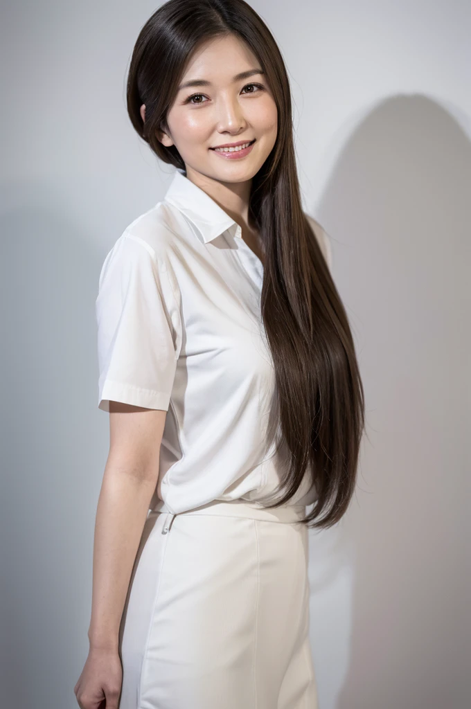 Japanese women, 40s, White background, simple背景,Long Hair、White-brown hair, Slender, 4K, 8K, High quality, Beauty products, EyesBeautiful Eyes, simple, It is high resolution.,1 person,Beautiful Skin,Beautiful Skin、Natural smile、Short sleeve、Wearing a white shirt