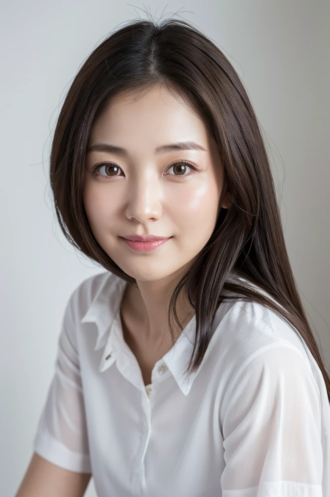 Japanese women, 40s, White background, simple背景,Long Hair、White-brown hair, Slender, 4K, 8K, High quality, Beauty products, EyesBeautiful Eyes, simple, It is high resolution.,1 person,Beautiful Skin,Beautiful Skin、Natural smile、Short sleeve、Wearing a white shirt