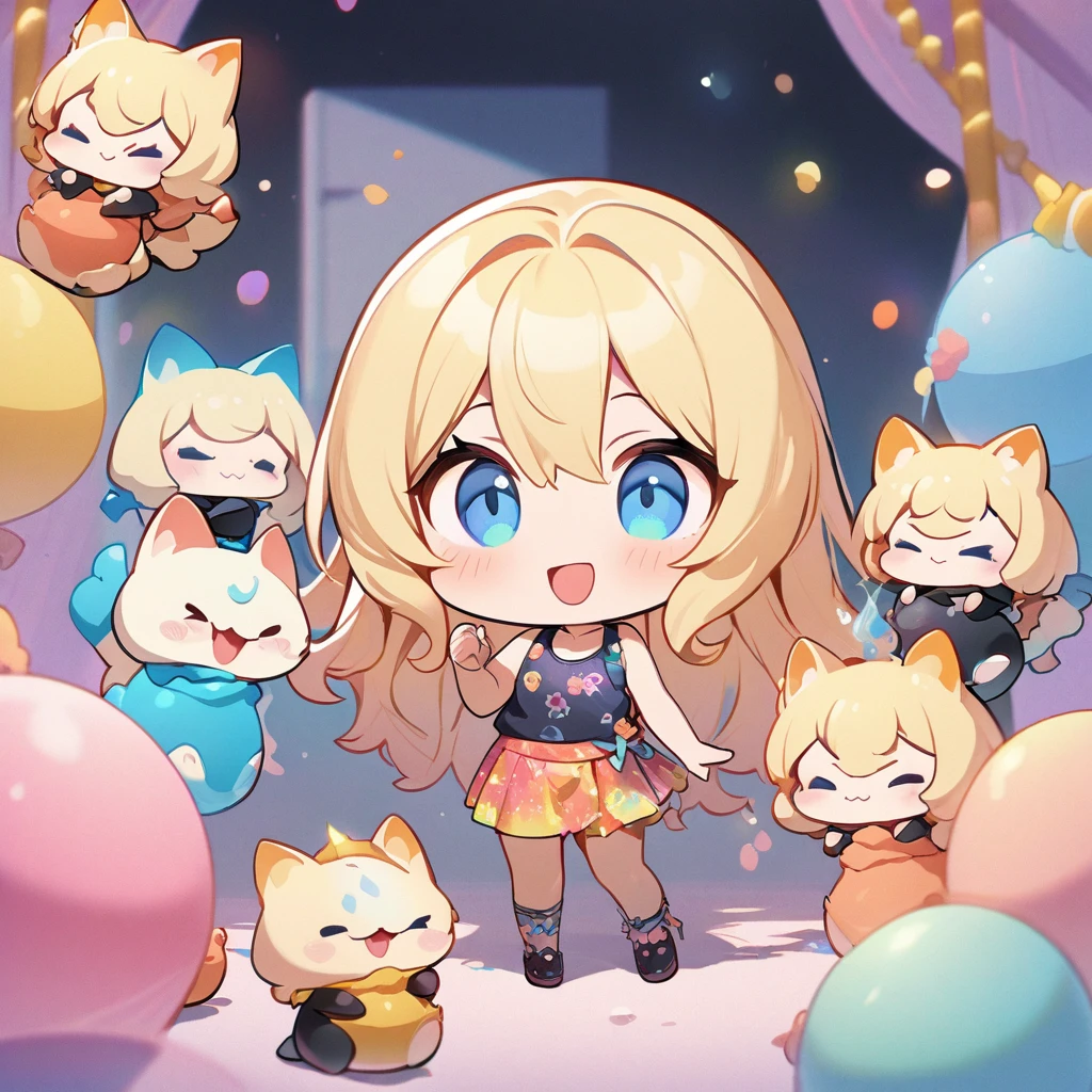 masterpiece、Highest quality、Depth of subject、２D illustration、1 beautiful girl、独奏, (((chibi style)))、((Long, beautiful hair))、shiny blonde hair、cute、Beautifully detailed eyes、((Tank top))、a glass of blue soda, ((colorful))、mini skirt、((happy smile))、((kitten cluster)), ((full body shot))、((in the room))、((There&#39;s a lot of pink around))、Thighs、((vivid color))、sparkle、((Lens flare))、