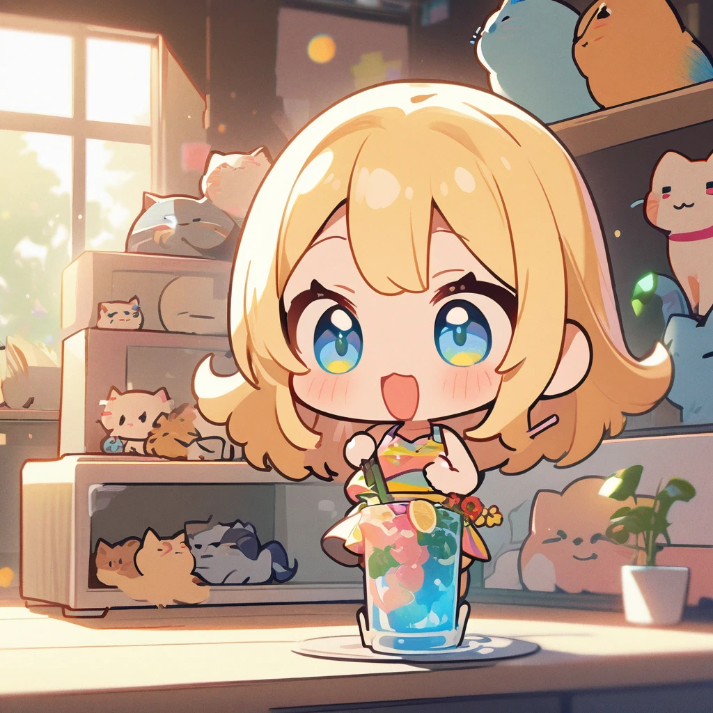 masterpiece、Highest quality、Depth of subject、２D illustration、1 beautiful girl、独奏, (((chibi style)))、((Long, beautiful hair))、shiny blonde hair、cute、Beautifully detailed eyes、((Tank top))、a glass of blue soda, ((colorful))、mini skirt、((happy smile))、((kitten cluster)), ((full body shot))、((in the room))、((There&#39;s a lot of pink around))、Thighs、((vivid color))、sparkle、((Lens flare))、