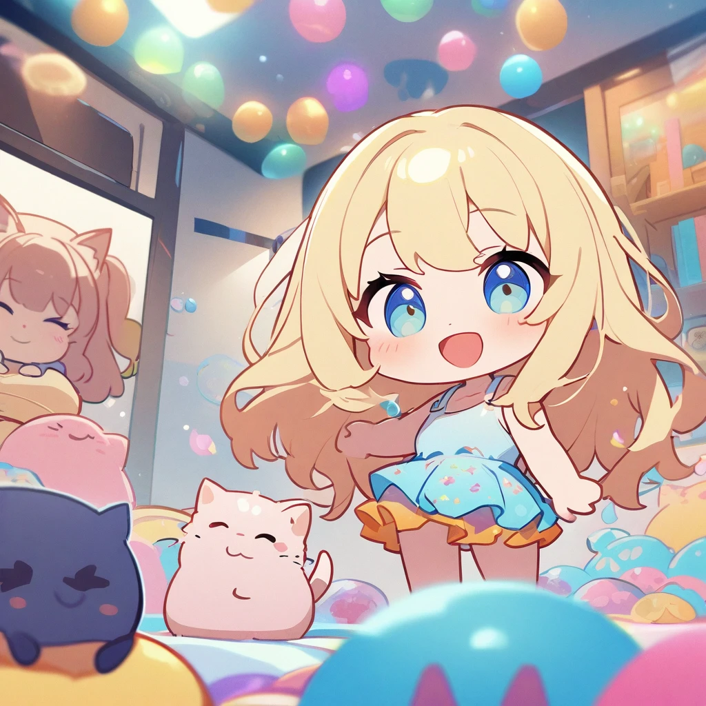masterpiece、Highest quality、Depth of subject、2D illustration、1 beautiful girl、独奏, (((chibi style)))、((Long, beautiful hair))、shiny blonde hair、cute、Beautifully detailed eyes、((Tank top))、a glass of blue soda, ((colorful))、mini skirt、((happy smile))、((kitten cluster)), ((full body shot))、((in the room))、((There's a lot of pink around))、Thighs、((vivid color))、sparkle、((Lens flare))、