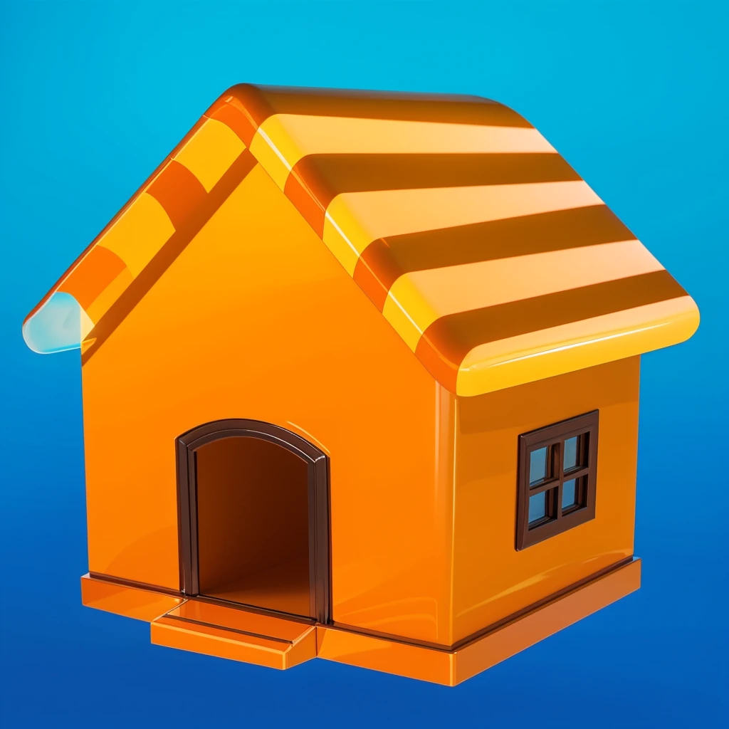 red orange house This image features a glossy yellow house with sharp, reflective surfaces that give it a polished and shiny appearance. The house red orange house has a modern design with simple, square shapes and distinct angles, adding to its sleek look. The vibrant blue roof contrasts beautifully with the red orange house yellow walls, creating an attractive and colorful combination. The windows and door are framed, enhancing the overall aesthetic of the house. The glossy red orange house surfaces reflect light, giving the house a dynamic and vibrant look. The house appears minimalist and toy-like, with its straightforward, square design and bright colors making it unique and appealing. мультяшный рендеринг ключевого кадра, милый 3D рендеринг,,Create ultra sharp цветной рендеринг zbrush. perfect cgi, cgi art created only with gradients, smooth silhouette, Create ultra red orange house sharp skin, high intensity refraction, (plastic material), most beautiful vfx, blue background, plastic refractions, glossy texture, smooth 3d model, multiple light sources, rim light, sharp post effects render, (glossy plastic texture with multiple big light probe refractions), perfect cgi, cgi art created only with gradients, smooth silhouette, high intensity refraction, (plastic material), most beautiful vfx, blue background