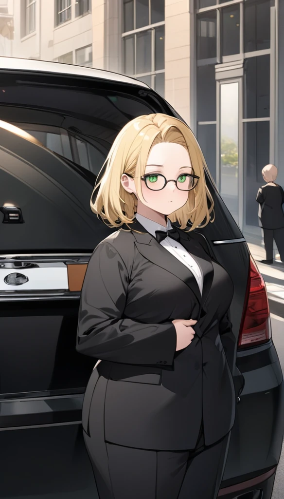 chubby girl, blonde, green eyes, medium length hair, open forehead, without bangs, glasses with black square frames
Black tuxedo, black suit, standing by the car