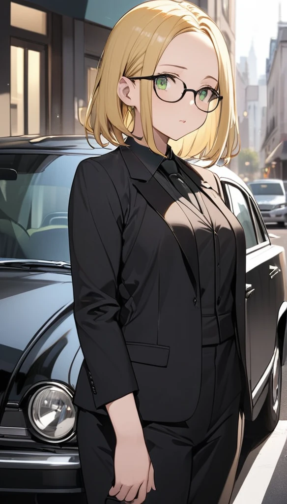 chubby girl, blonde, green eyes, medium length hair, open forehead, without bangs, glasses with black square frames
Black tuxedo, black suit, standing by the car