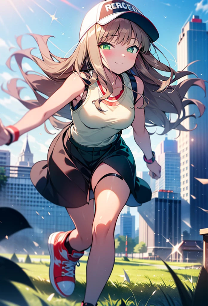 minami yume ,sss Dynazenon ,Long Hair, Brown Hair, (Green Eyes:1.5) ,blush,smile,hair band,Sleeveless shirt,Baseball cap,Long skirt,sneakers,Daytime,Clear skies,Walking,whole bodyがイラストに入るように,　　　　　　break　looking at viewer, whole body, 　　　　　　　break outdoors ,Building district,　　　　　　　　　　　　break (masterpiece:1.2), Highest quality, High resolution, unity 8k wallpaper, (shape:0.8), (Beautiful and beautiful eyes:1.6), Highly detailed face, Perfect lighting, Extremely detailed CG, (Perfect hands, Perfect Anatomy),