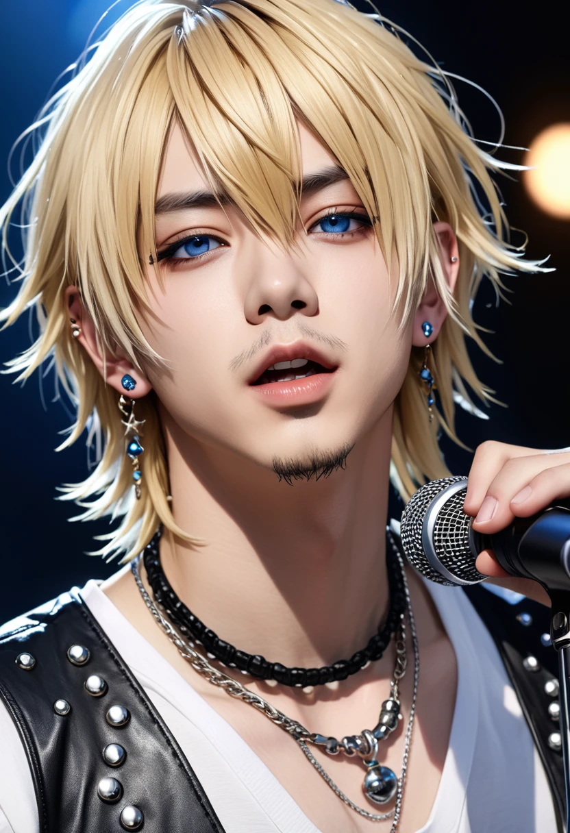 Ultra-high resolution,(Realistic:1.4), ((Highest quality)), ((masterpiece)), Blonde,Short Hair、Flowing bangs、blue eyes,Cool guy,Musician、Close-up、adultの歳,Short bangs,Cool piercings,Sparkling、Sidelong glance、Alluring、adult、looks strong、Visual Kei、Handsome、HYDE、Droopy eyes、Singing、Charisma、juvenile