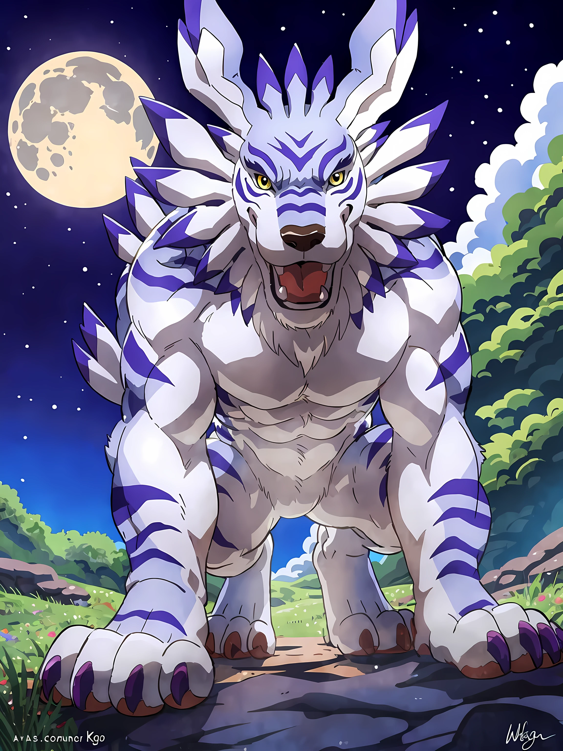 Garurumon, solo, full body, feral:1.1, quadruped, standing, open mouth, fangs, high quality, yellow eyes, big eyes:1.1, detailed eyes, muscular, pectorals, by wfa, by rossciaco, by seibear, by negger, purple claws, big paws, cel shaded, big paws, tail, night, cliffside, massive full moon:1.3, backlight, glow, looking at viewer