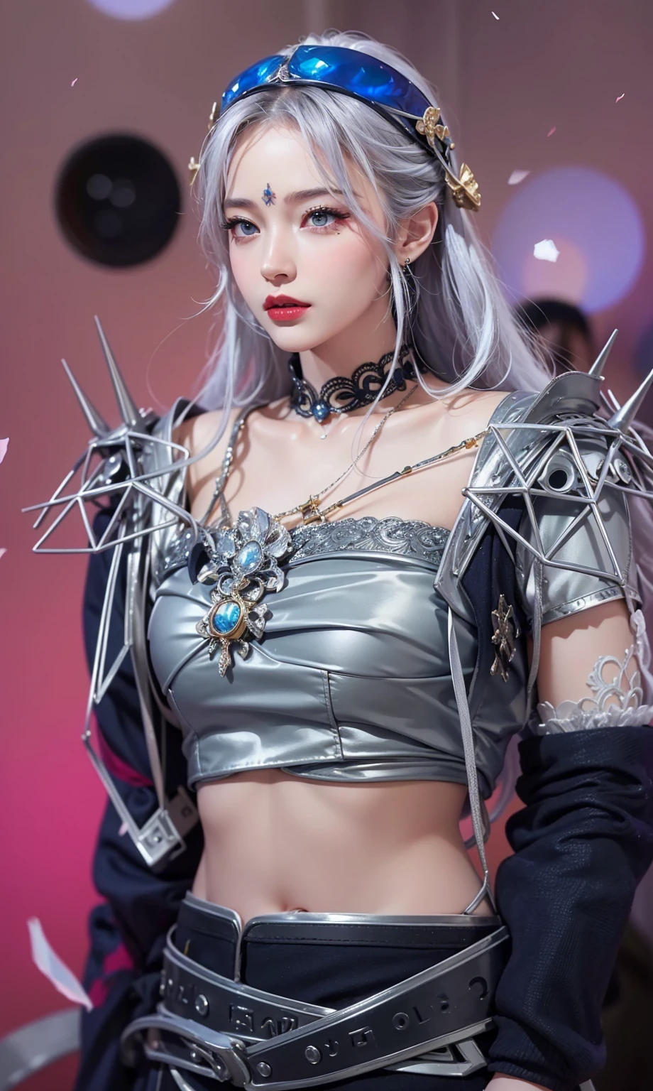Realistic style,8K picture quality,Very detailed, Delicate face, Realistic style的照片, Stock Photography , rich and colorful, Surreal, Realistic textures, Dramatic Lighting, Distiller 800 (8K, original photo, Better quality, masterpiece: 1.2), Very detailed, (Extremely delicate skin: 1.2), 8K Ultra HD, SLR camera, Soft Light, high quality, 冰冻Queen, Queen, snow castle,Blue pupils,Apply red lipstick,Very delicate tattoo design,Gold Jewelry,Steel armor,