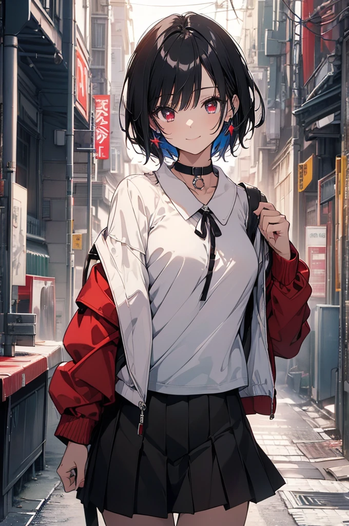 (masterpiece, highest quality, highest quality, (No text), Beautiful and aesthetic:1.2),No text,アニメ、BREAK,One Girl，Black Hair Girl　 adult　short hair　older sister　Beautiful eyes　Red eyes　cool　smile　Black and Red　skirt　Black jacket　whole body　In town