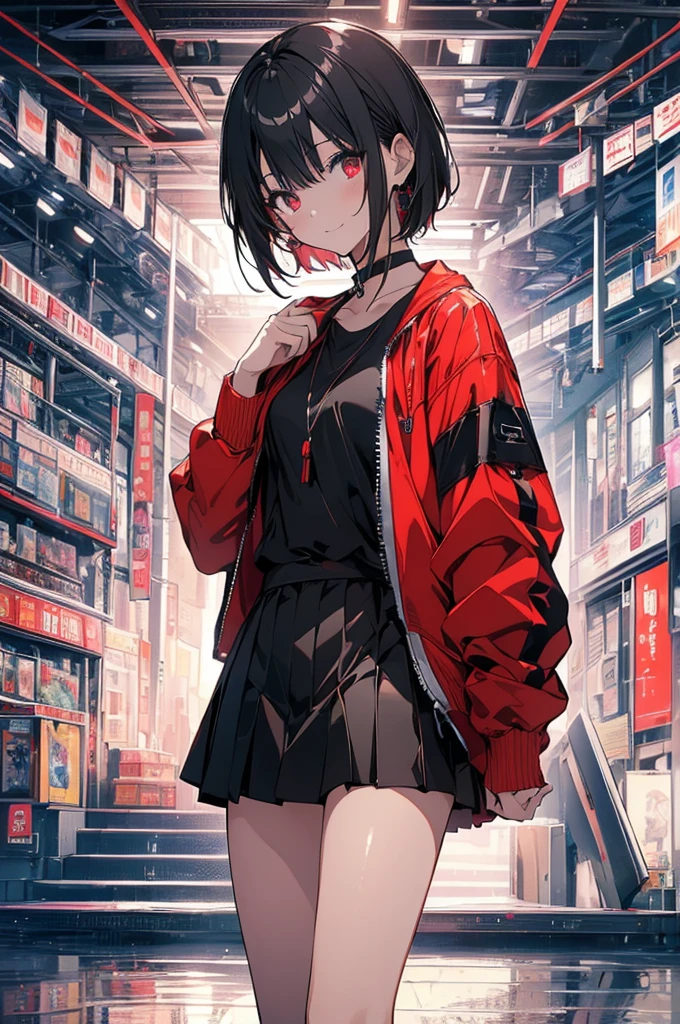 (masterpiece, highest quality, highest quality, (No text), Beautiful and aesthetic:1.2),No text,アニメ、BREAK,One Girl,Black Hair Girl short hair older sister choker Tree Eyes Beautiful eyes Red eyes cool smile Red and Black Black jacket mini skirt whole body In town