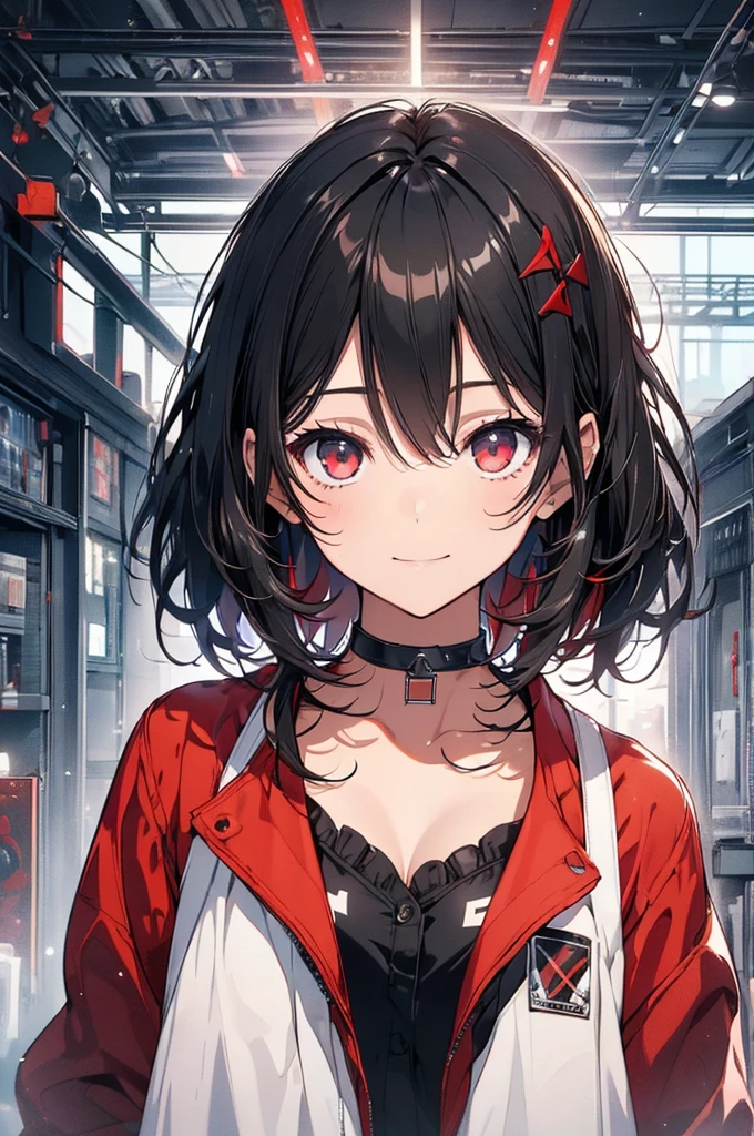 (masterpiece, highest quality, highest quality, (No text), Beautiful and aesthetic:1.2),No text,アニメ、BREAK,One Girl，Black Hair Girl　short hair　older sister　choker　Tree Eyes　Beautiful eyes　Red eyes　cool　smile　Red and Black　Black jacket　mini skirt　whole body　In town