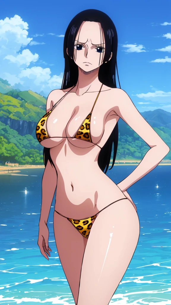 (masterpiece, 4K, Highest quality, anime style: 1.9, Detailed face, Lovely, Ocean,bold, High resolution, anime, Lake 4. alone, Curvaceous, Thighs, Cleavage, Medium Chest,  Very slim belly, Cowboy Shot,Leopard print micro bikini,1 Girl、one piece,Boa Hancock,Black Hair,whole body,((Naked in a swimsuit)),blue sky,View your viewers,Clear Eyes,whole body,Condescending expression,Sexy pose