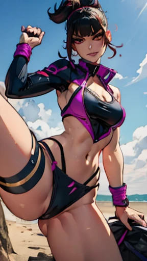 Juri, sf, Bblack hair, Horn hairstyle, Fighter pose with one leg up, defined abdomen, Fight clothing