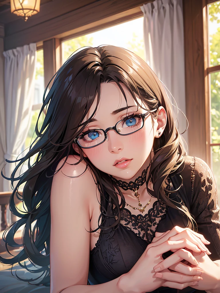 A handsome adult man with striking green eyes, dark brown hair, and glasses, deeply in love with a beautiful adult woman with captivating blue eyes, light brown hair with bangs, both tenderly holding hands, (best quality,4k,8k,highres,masterpiece:1.2),ultra-detailed,(realistic,photorealistic,photo-realistic:1.37),detailed face, beautiful detailed eyes, beautiful detailed lips, extremely detailed eyes and face, long eyelashes, romance, intimate, tender, passion, warm lighting, soft focus, muted colors, cinematic, emotional, heartwarming