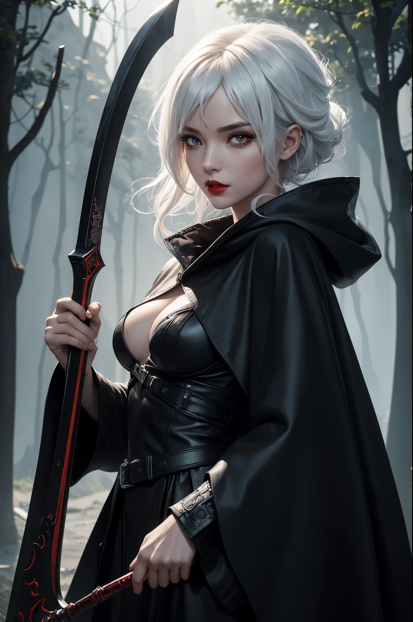 8K,Grim Reaper with a very large scythe,Skeleton Face,Red eyes,White haired mohawk,Black hooded robe,Highly detailed photos, Ultra-high resolution, masterpiece, Highest quality, Perfect glowing skin, Perfect lighting, Detailed lighting, Dramatic Shadows, Ray Tracing, Looking at the audience, Small breasts, Beautifully detailed hazel eyes, Sharp Face, Clear Eyes, Red lips, Long bangs, Short Curly Hair, ((Dark Land of the Underworld)), Upper Body, masterpiece,Highest qualityのフォトリアリスティックなRAW写真。Bright colors,Rich colors, Backlight, Cinema Lighting, Film Grain, to be born, 50mm lens, Nikon D850,Detailed character art,Fantasy art,Ultra-Realistic Skin,Perfect hand shape,Deadly landscape,Skull coat of arms,Skull Face,