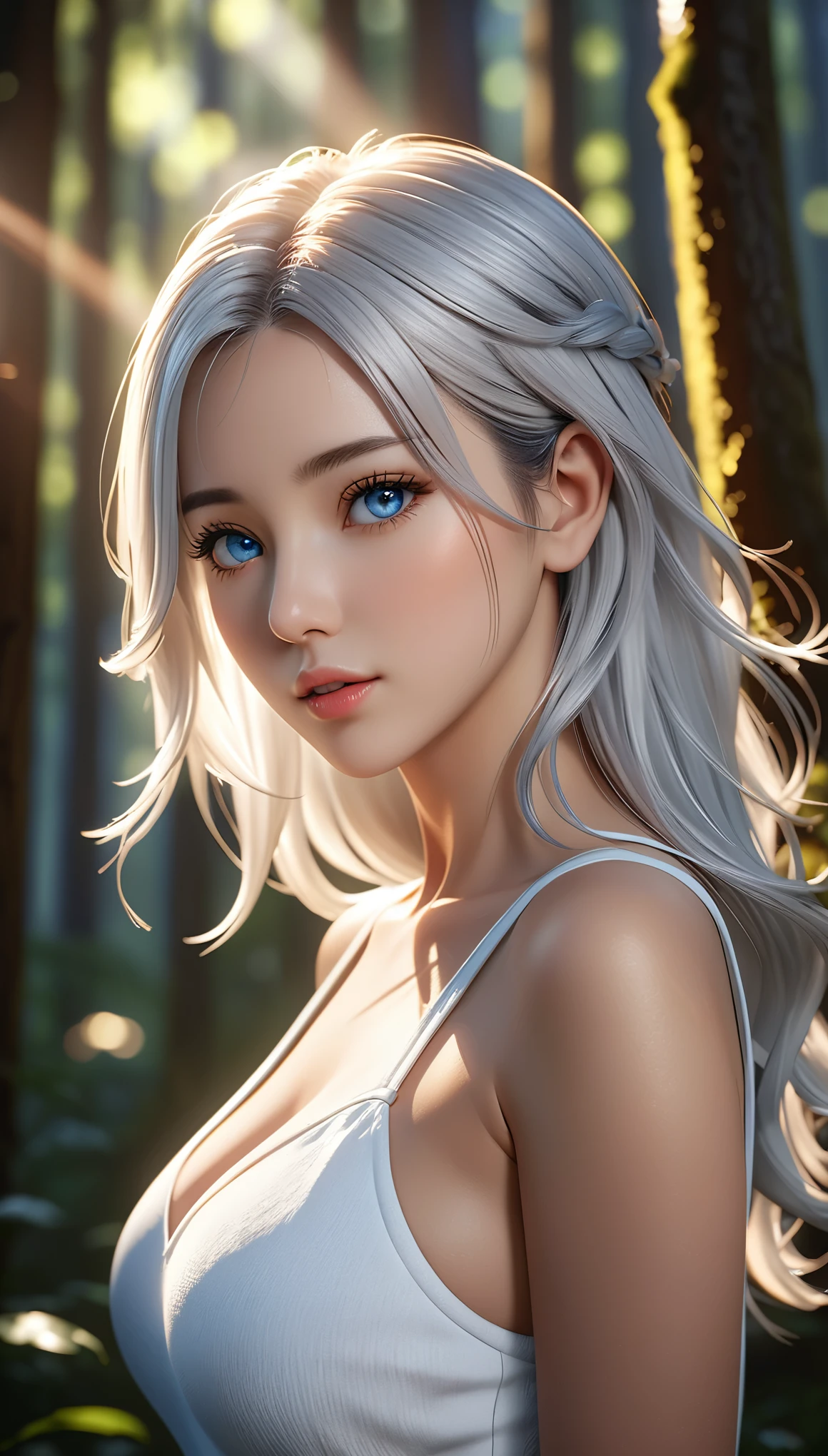 best quality, masterpiece, High resolution, portrait, actual, blue eyes, silver hair, Large Breasts, 8K resolution, high qualityCG, Beautiful CG, Soft Light, fashion brand image, The Tyndall effect, lifelike, forest, Side lighting, (HD Skin:1.2), 8K超高清, Sexy, high quality, Volumetric lighting, confess, photography, 超High resolution, 8K, Bokeh, Shallow depth of field