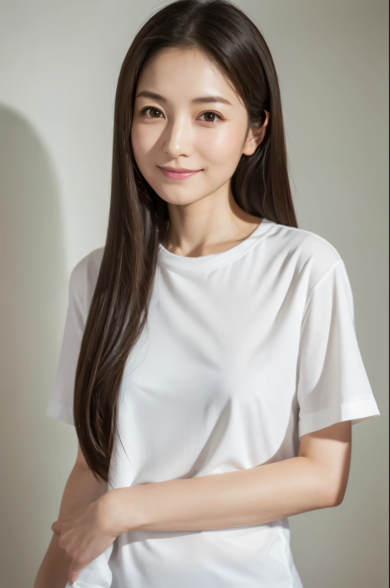 Japanese women, 40s, White background, simple背景,Long Hair、White-brown hair, Slender, 4K, 8K, High quality, Beauty products, EyesBeautiful Eyes, simple, It is high resolution.,1 person,Beautiful Skin,Beautiful Skin、Natural smile、Short sleeve、Wearing a white shirt