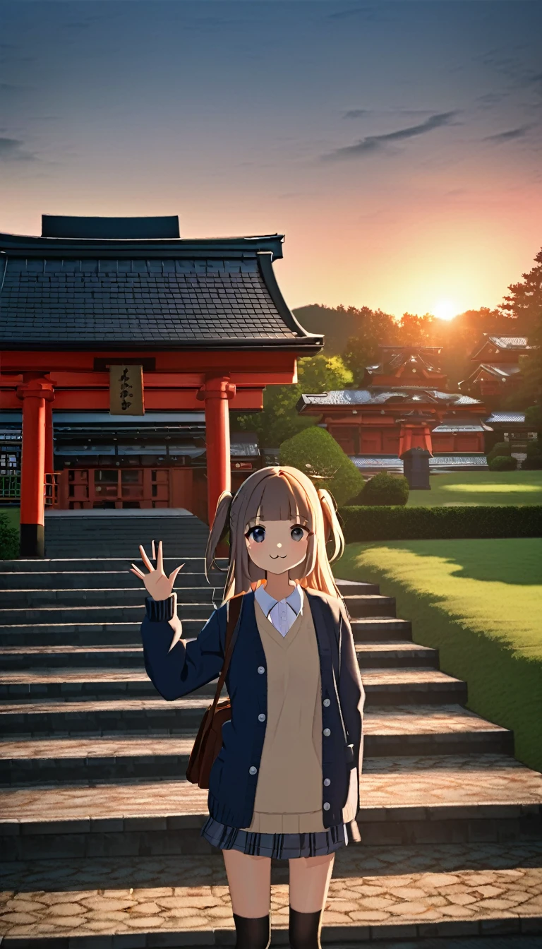 One Girl, (Sunset sky), Standing and waving, School Area, Rural landscape, scenery, School Cardigan, (Sleeves are longer than the wrist), Powerful loafers, Black ash two side up hair, Blunt bangs, Beautiful dark eyes, Black knee socks, Cinema Lighting, Upper Body, :3,Long staircase、torii、A historic shrine