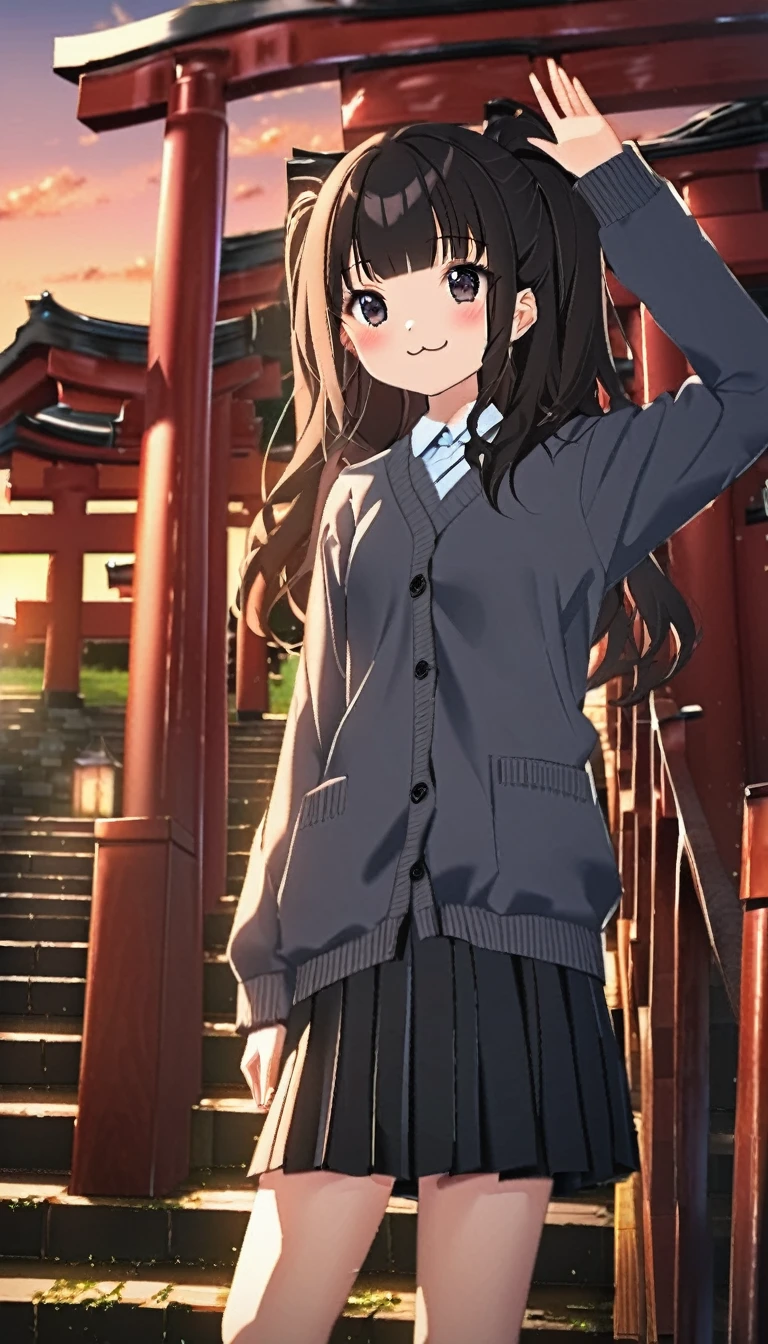 One Girl, (Sunset sky), Standing and waving, School Area, Rural landscape, scenery, School Cardigan, (Sleeves are longer than the wrist), Powerful loafers, Black ash two side up hair, Blunt bangs, Beautiful dark eyes, Black knee socks, Cinema Lighting, Upper Body, :3,Long staircase、torii、A historic shrine