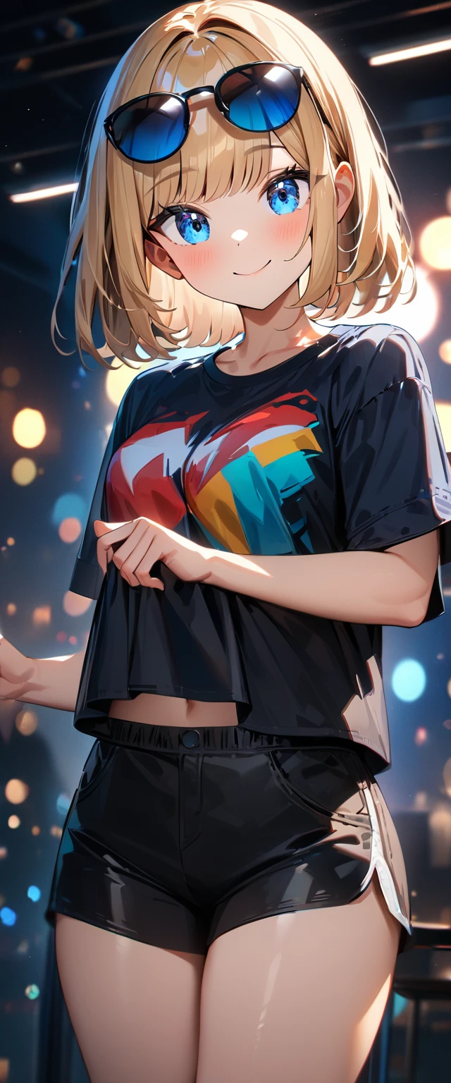 (((One girl))), blond hair, bob cut, breasts, from front, (cowboy shot), (looking at viewer), ((black shorts)), ((black crop top overhang)), short sleeves, Casual Stance, sun glasses, face in focus, teenager, head tilt:1.3, (((blue eye))), ((happy smile)), ((sleeves past wrists)), anime style, (best quality, 4k, 8k, highres, masterpiece:1.2, ultra-detailed, ultra-detailed eyes, HDR, UHD, studio lighting, ultra-fine painting, sharp focus, physically-based rendering, extreme detail description, professional, vivid colors, bokeh)